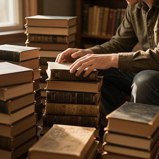 Photograph of hands gently touching a stack of old, leather-bound books in a dimly lit library, sunlight streaming from a window.