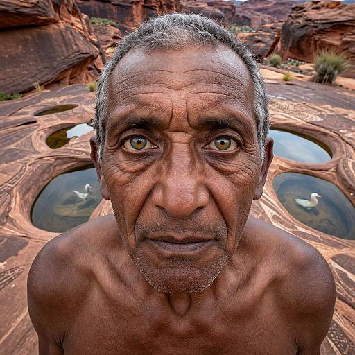 Photograph of an elderly, shirtless Indian man with deep brown skin, gray hair, and intense green eyes, standing in front of a rocky,