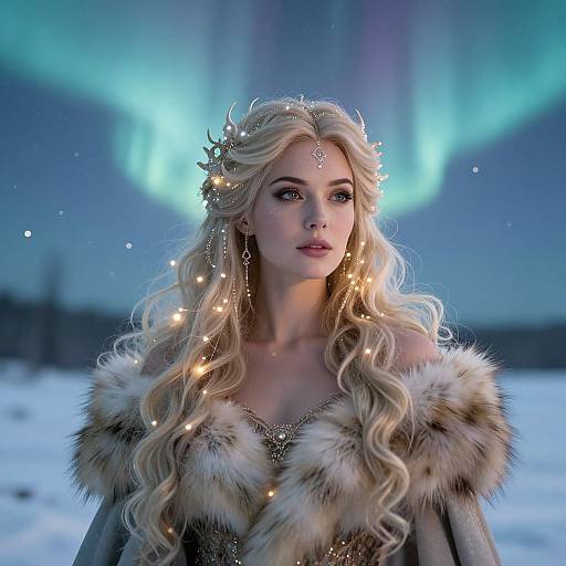 Digital art of a blonde woman with long wavy hair, wearing a fur-trimmed cloak, standing in a snowy landscape with aurora borealis