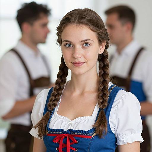 Photograph of a young white woman with blue eyes, brown braided hair, wearing a traditional blue dirndl with white blouse and red ribbon, standing
