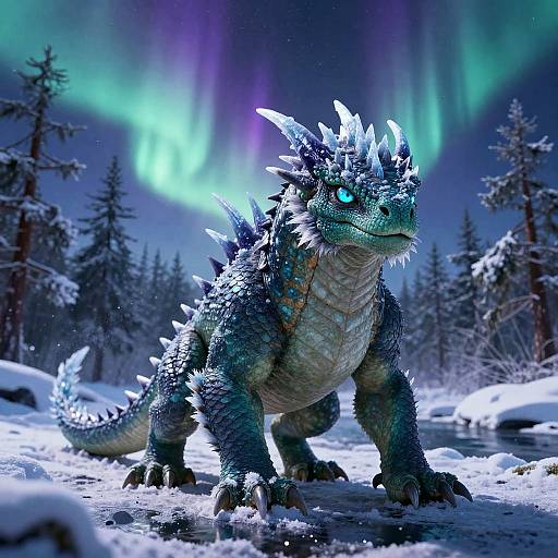 Digital CGI of a blue, spiky, glowing-eyed dragon with ice-like spikes standing in a snowy forest under vibrant auroras.
