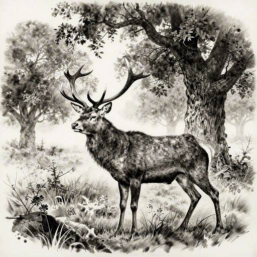 Monochrome Charcoal Drawing of Red Deer