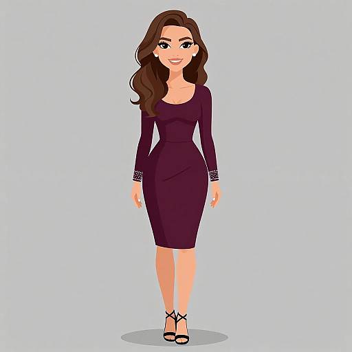 Digital illustration of a smiling woman with long brown hair, wearing a form-fitting, long-sleeved purple dress and black heels, standing against a
