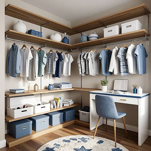 Modern home office with wooden shelves, white desk, blue chair, organized clothes, storage bins, laptop, potted plant, and round rug.