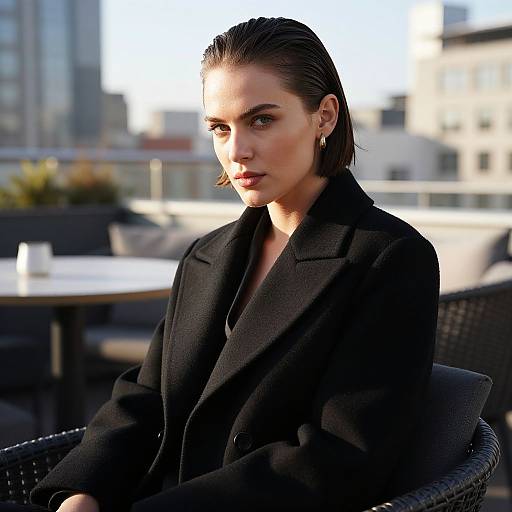 Photograph of a serious-looking woman with slicked-back dark hair, wearing a black coat, seated outdoors in a sunlit urban setting.