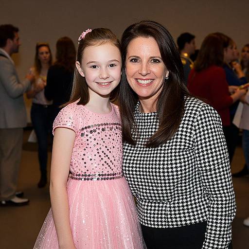 Photograph of smiling woman with long dark hair in black-and-white houndstooth dress, standing beside young girl in pink, sparkling dress. Background