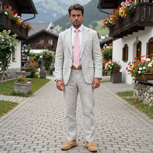 Photograph of a handsome, bearded man in a light gray suit, pink tie, and tan shoes standing on a cobblestone path in a