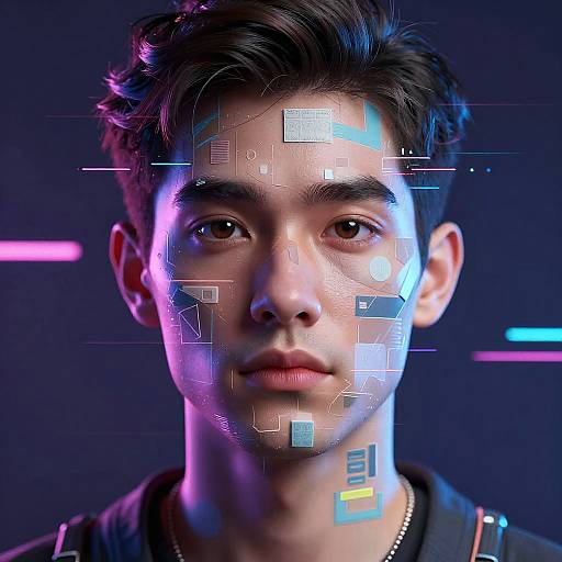 Photograph of a young Asian man with short, dark hair, neon blue and pink lighting, digital interface overlay on face, black background, wearing a