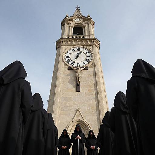 Photograph of a tall, stone clock tower with a white clock face, surrounded by black-robed figures with hoods, against a clear blue sky