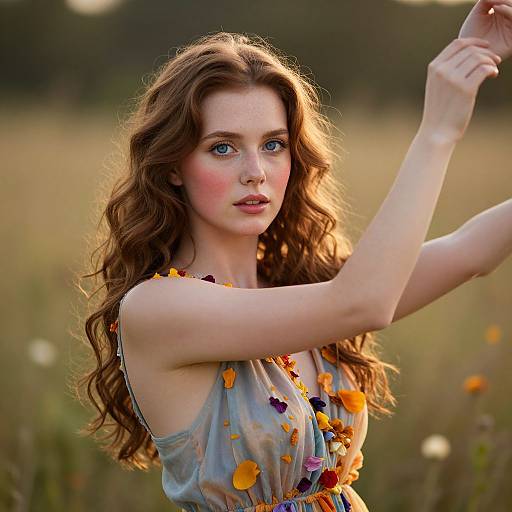 Photograph of a fair-skinned, blue-eyed woman with long, wavy brown hair, wearing a floral sleeveless dress, raising her arms in