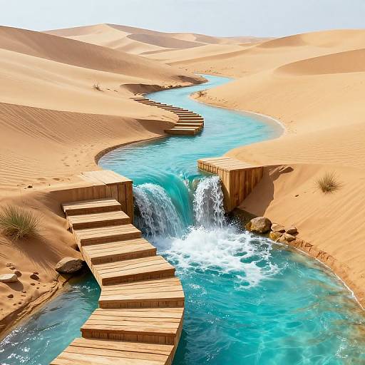 Photorealistic image of a desert oasis with a winding blue water stream, wooden bridge, cascading waterfall, and sandy dunes.