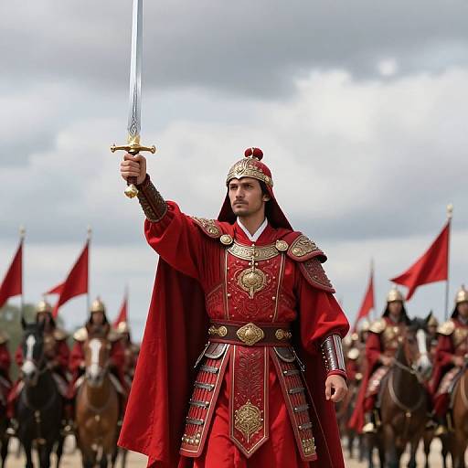 Photograph of a bearded man in red, ornate ancient Roman-style armor, holding a sword aloft, surrounded by soldiers with red flags.