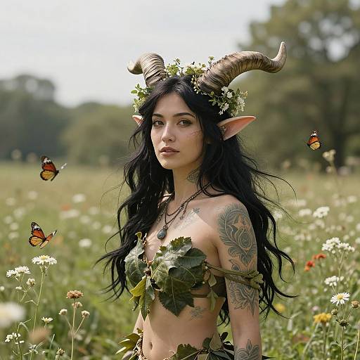 Photorealistic digital art of a tattooed, dark-haired, horned elf woman with leafy top, surrounded by butterflies in a wildflower me