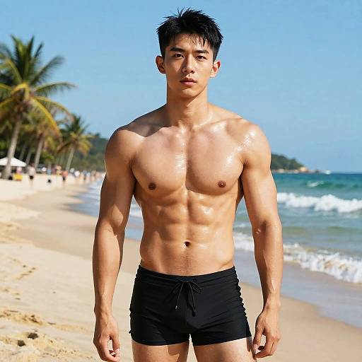 Photograph of a muscular, shirtless Asian man with short black hair, wearing black swim trunks, standing on a sunny beach with palm trees and