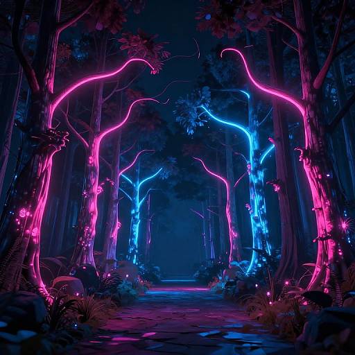 Neon-lit forest scene: Vibrant pink and blue LED lights outline tall trees in a dark, dense forest, creating a surreal, glowing pathway