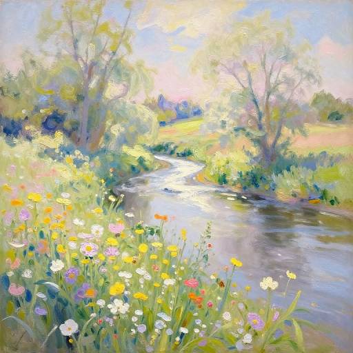 Impressionist Countryside River with Wildflowers