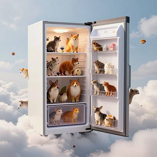 Photorealistic digital artwork: A glowing, open refrigerator floating in the sky, filled with various colorful cats of different breeds, surrounded by fluffy clouds and