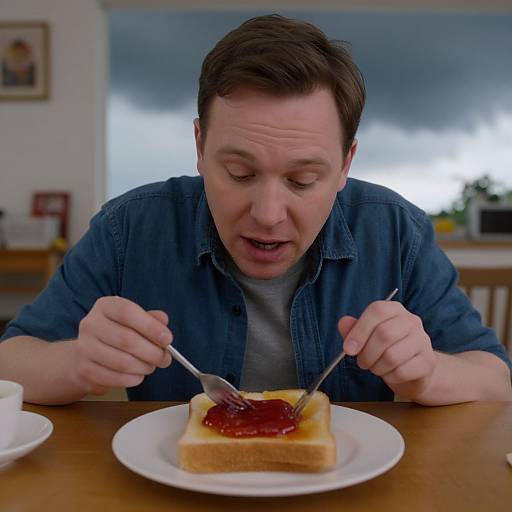 Photograph of a white man with short brown hair, wearing a blue shirt, spreading red jam on toast with a fork and knife, sitting at a