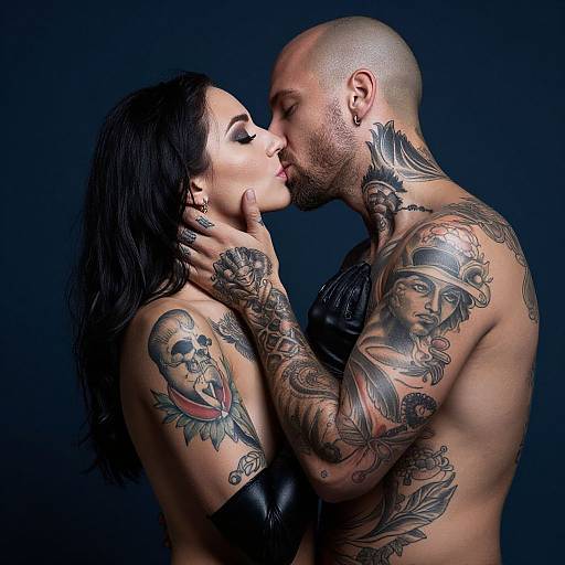 Passionate Tattooed Couple Embrace