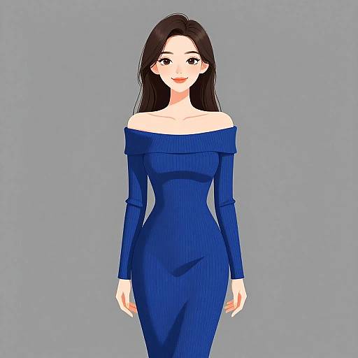 Smiling woman in royal blue off-shoulder dress