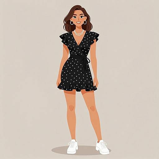 Digital illustration of a smiling woman with tan skin, brown wavy hair, wearing a black polka dot dress, white sneakers, and large hoop earrings