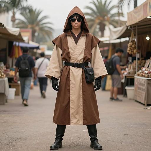 Photograph of a person in a brown and beige hooded robe, black gloves, boots, and sunglasses, standing in a bustling outdoor market with palm