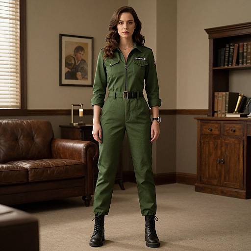Woman in Top Gun Green Jumpsuit