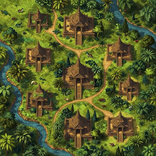 Colorful, top-down digital illustration of a lush, jungle village with traditional wooden houses, winding paths, and a river, surrounded by dense greenery