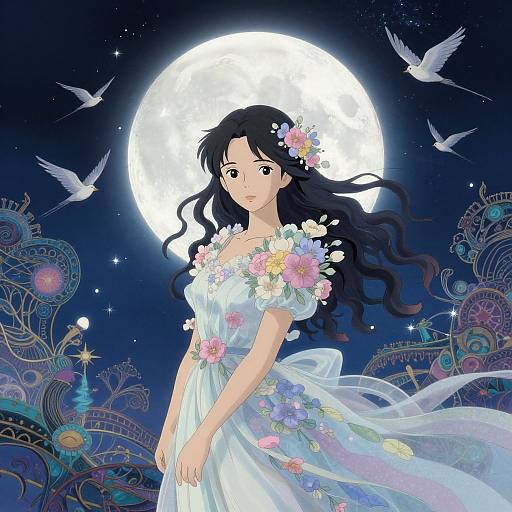 Digital anime-style illustration of a woman with long black hair, wearing a white floral dress, standing under a full moon, surrounded by birds and intricate,