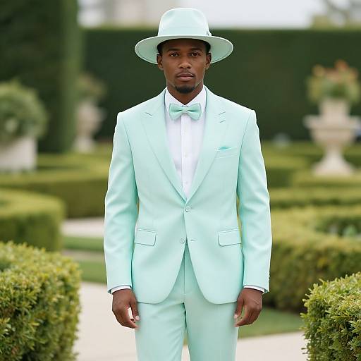 Photograph of a tall, dark-skinned man in a light blue suit and matching hat, standing in a manicured garden. Background includes green h