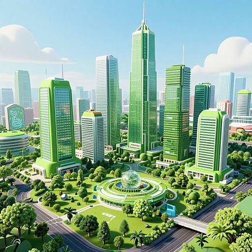 Digital CGI of a vibrant, modern cityscape with tall green glass skyscrapers, a central roundabout with a dome, and lush greenery.