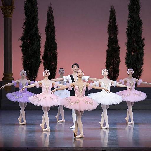 Elegant Ballet Performance with Dramatic Backdrop