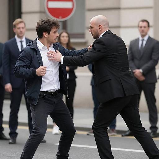 Tense Street Fight Near Stone Building