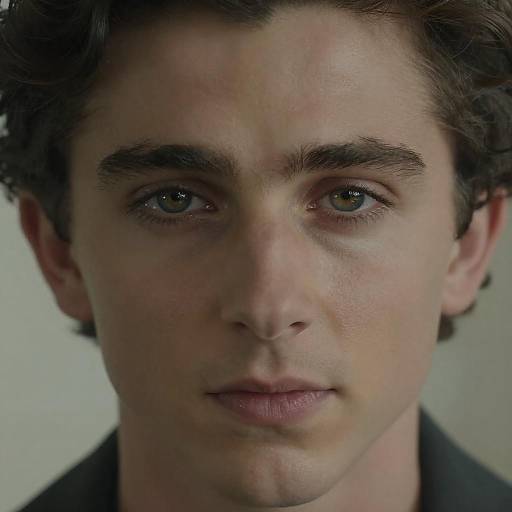 Close-up photograph of a young man with fair skin, green eyes, dark brown curly hair, and neutral expression, wearing a dark top.