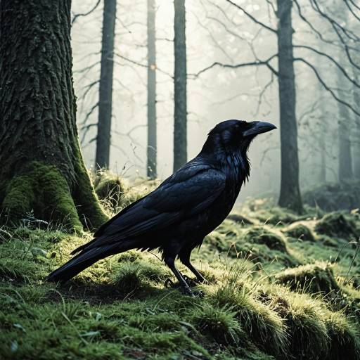 Serene Forest Scene with a Perched Raven