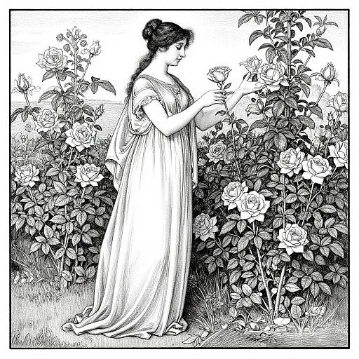 Black-and-white illustration of a woman in a flowing gown, standing among blooming roses, gently touching a flower with a serene expression.