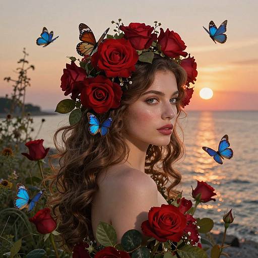 Photograph of a fair-skinned, curly-haired woman with red rose crown, surrounded by blue butterflies, at sunset near the ocean.