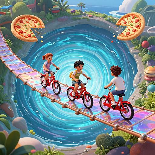 Three children ride red bicycles on a wooden plank bridge above a swirling blue whirlpool, with floating pizza slices above. Vibrant, colorful CGI artwork.
