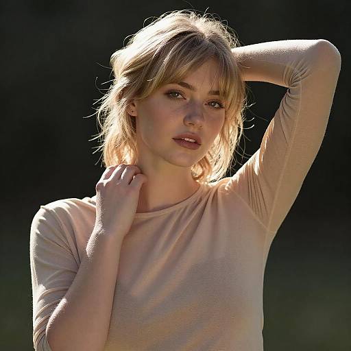 Sunlit Blonde Woman in Sheer Blouse