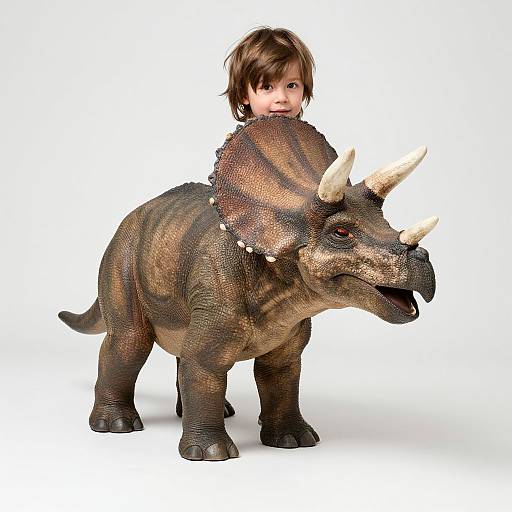 Photorealistic CGI of a young boy with brown hair peeking from behind a detailed, textured, brown and orange triceratops on a white