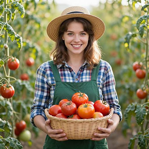Photograph of a smiling woman in a straw hat and green overalls, holding a basket of ripe tomatoes in a vibrant tomato field.