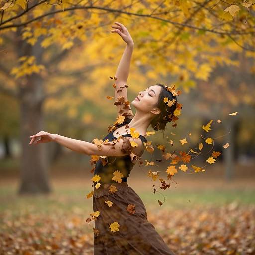 Photograph of a woman with brown hair, wearing a black top and brown skirt, dancing in an autumn forest, surrounded by falling yellow and orange leaves
