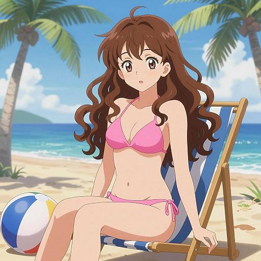 Anime Woman in Pink Bikini on Beach