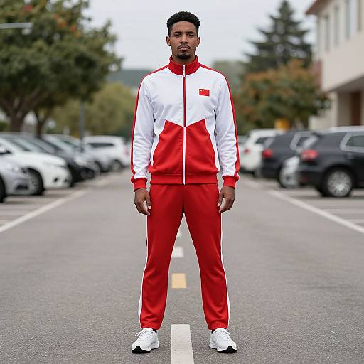 Photograph of a Black man with short curly hair, wearing a red and white track suit, standing on a street in a parking lot.