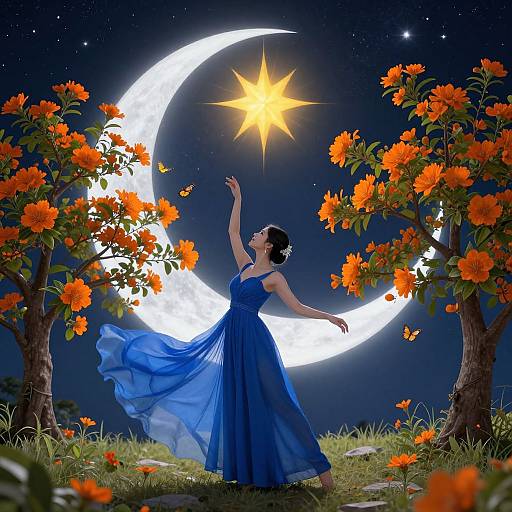 Digital illustration of a woman in a flowing blue dress, reaching for a glowing star, surrounded by orange flowers and a crescent moon under a starry