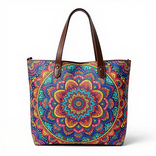 Vibrant, colorful tote bag with dark brown handles, featuring intricate mandala patterns in shades of blue, red, yellow, and orange.