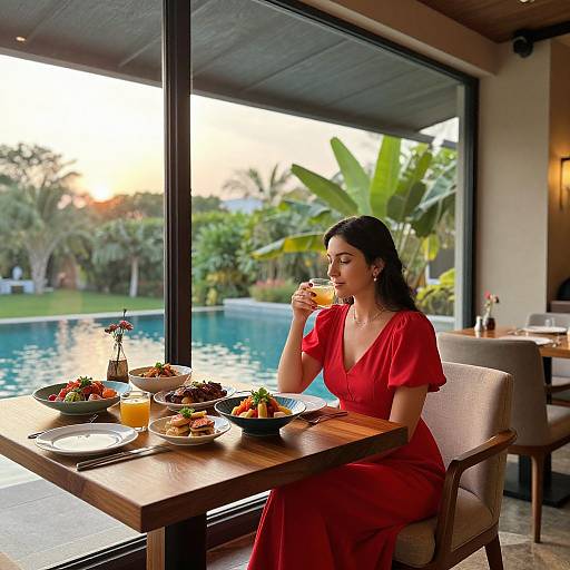 Photograph of a woman in a red dress sipping juice at a poolside dining table, surrounded by tropical plants and sunset.