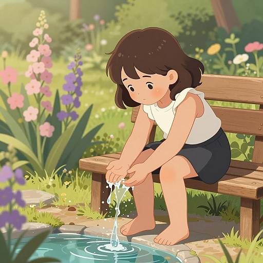 Young Girl Splashing Water in a Garden