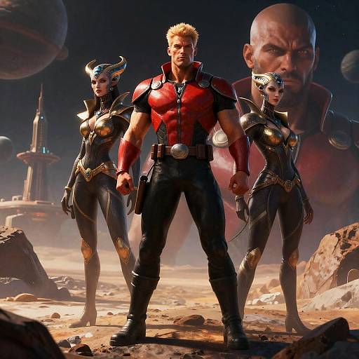 Heroic Scene with Alien Characters on Planet