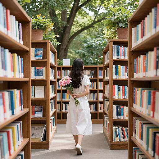Photograph of a woman with long black hair in a white dress, holding pink flowers, walking down a sunlit library aisle flanked by wooden book